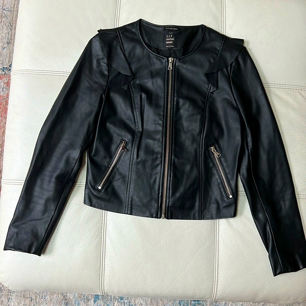 Zara Faux Leather Jacket with Ruffle Accent Sz Small